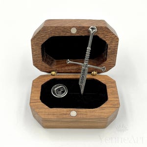 Broken blade with inscription, sword pin badge brooch, lapel pin l o t r wooden walnut box