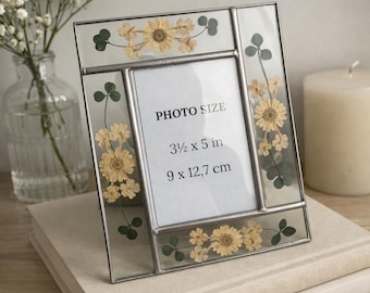 Stained Glass Photo Frame: Pressed Daisies & Clovers, Wildflower Bouquet