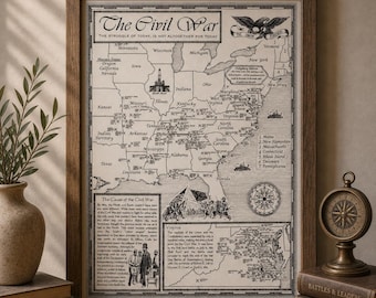 American Civil War Hand Drawn Map Print – Historical Battlefields Wall Art