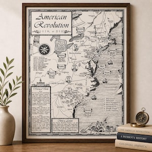 May include: A framed vintage map print depicting the American Revolution, with detailed illustrations and text. The map includes the text "American Revolution" and "Join, or Die." The print is in monochrome with a dark brown frame.