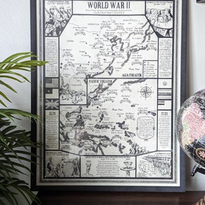 WWII MAP Wall Print of Hand Drawn Pacific-Asia WWII Map Wall Art Unique Art Map Gift