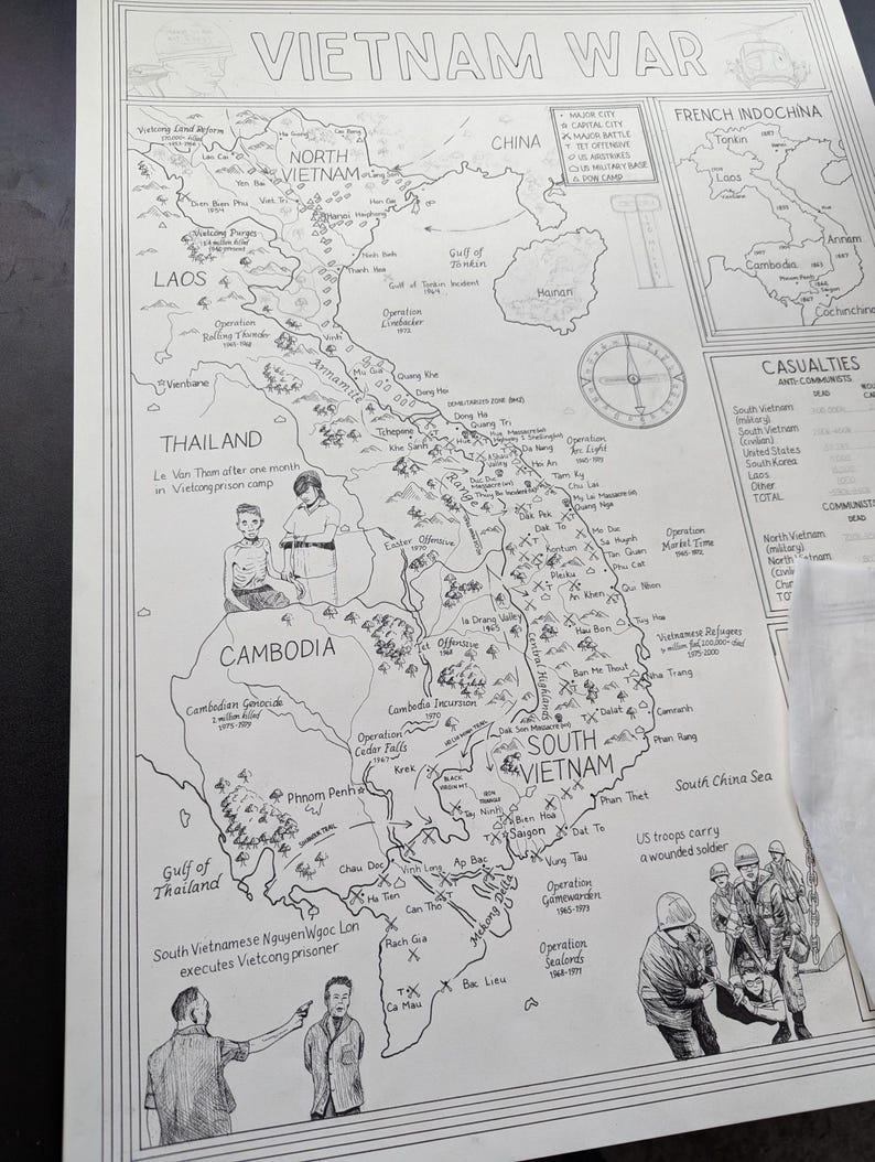 Hand Drawn Vietnam War Map Print • Military History Wall Art - Etsy