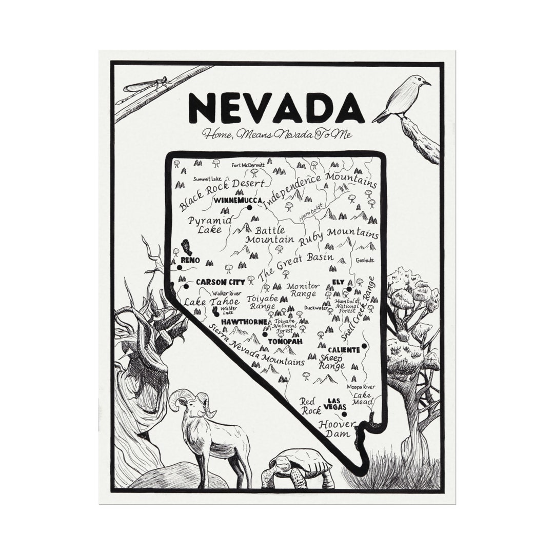Handdrawn Map of Nevada Fine Art Print Wall Art Wall Etsy