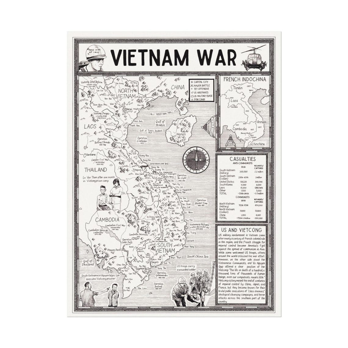Hand Drawn Vietnam War Map Print • Military History Wall Art - Etsy