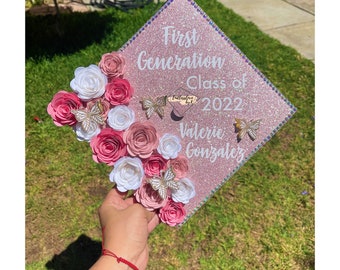 Graduation cap topper pink glitter first generation class 2024-2025 Mexico first gen custom grad cap