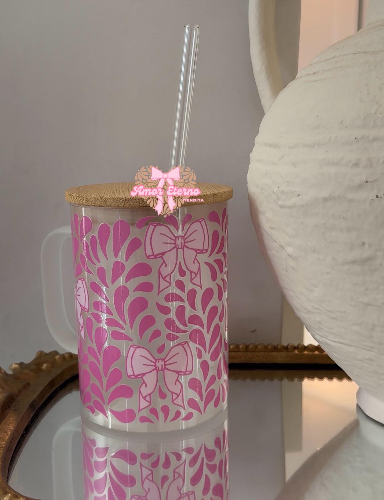 Pink Coquette Ribbon Iced Coffee Glass Cup With Bamboo Lid - Etsy