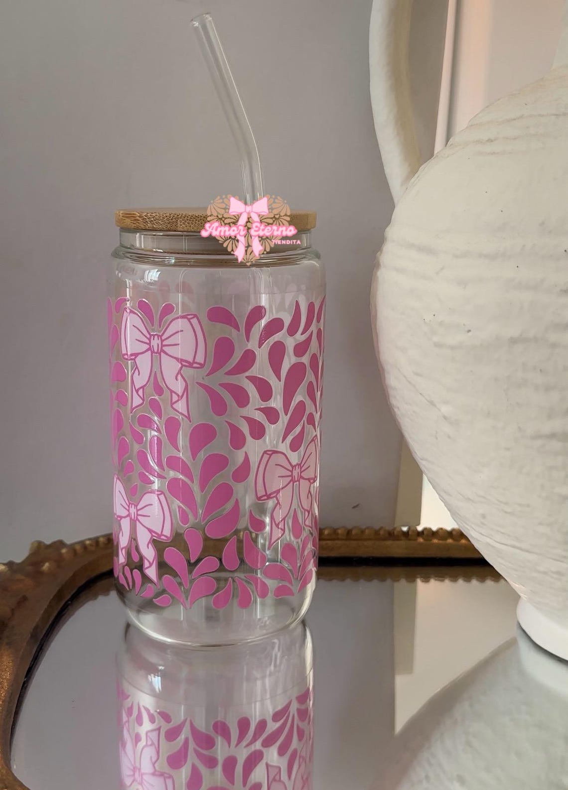 Pink Coquette Ribbon Iced Coffee Glass Cup With Bamboo Lid - Etsy