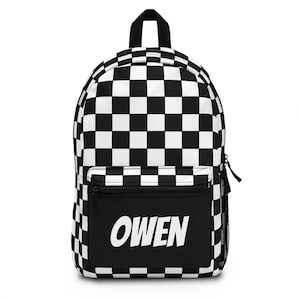 Personalized Checkered Flag Backpack, Racing School Bag, Racecar Pack, Race Bookbag, Name Backpacks, Customizable Bags