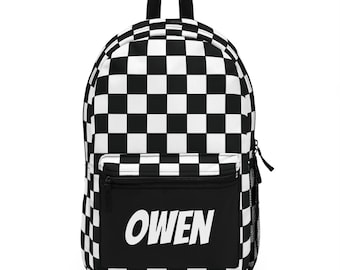 May include: A black and white checkered backpack with the name "OWEN" in white block letters on a black front pocket. The backpack has a black handle and zipper, and a mesh side pocket.