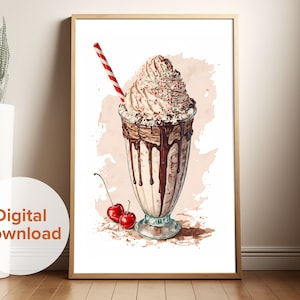 Retro chocolade milkshake aquarel digitale print, jaren 1950, uniek diner decor, zoete traktatie minnaar cadeau, vintage retro kunst aan de muur, voedsel poster