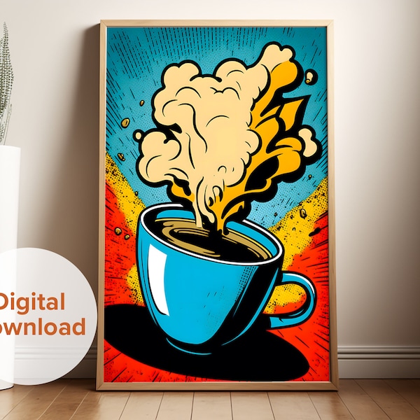 Coffee Pop Art, Digital Print Retro Kitchen Art, Home Cafe Decor, Kitchen Wall Art, Foodie Poster, Coffee Lover Gift, Pop Art, Comic Book