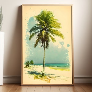 Palm Tree Print, Vintage Beach Aesthetic, Beach Landscape, Tropical Decor, Beach House Decor, Costal Wall Art, Retro Watercolor, Home Decor