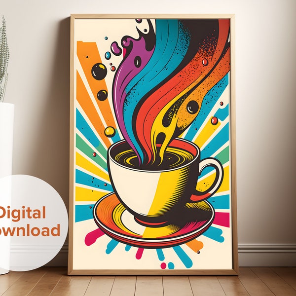 Coffee Wall Art, Retro Pop Art, Colorful Coffee Poster, Vintage Wall Art, Digital Print, Coffee Gift, 70's Inspired Art, Coffee Home Decor
