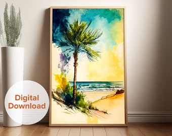 Vintage Beach Landscape, Expressionist Watercolor Digital Print, Palm Tree, Beach Decor, Beach House Decor, Coastal Art, Oceanscape Poster