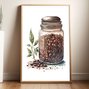 Kaffeebohnen im Glas, Aquarell Poster, rustikales Küchendekor, Kaffeeliebhaber Geschenk, Kaffee Wandkunst, Feinschmecker Poster, Minimal Kaffee Dekor, Cafe