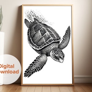 Sea Turtle Digital Print, Black & White, Ocean Decor, Beach House Decor, Minimalist, Sea Life Art, Ocean Lover Decor, Coastal Wall Art
