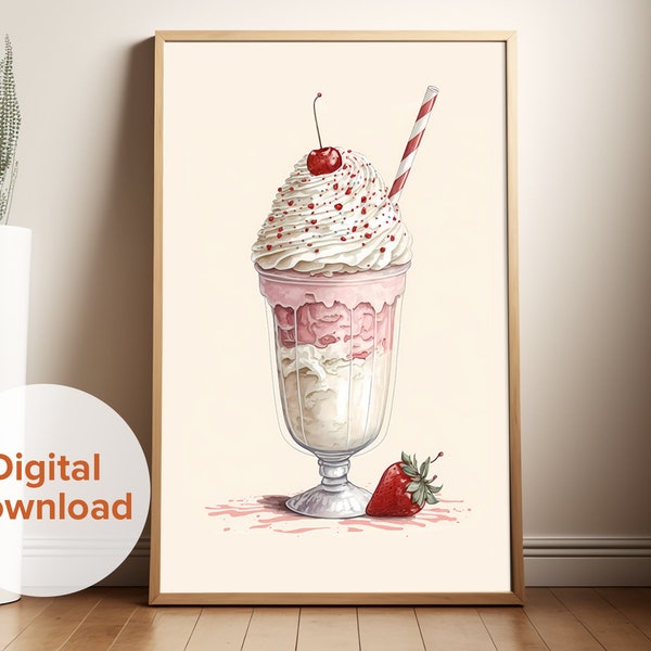 Retro 1950s Milkshake Digital Print, Unique Wall Décor, Vintage Watercolor, Foodie Gift, Vintage Wall Art, Diner Art, Kitchen Décor