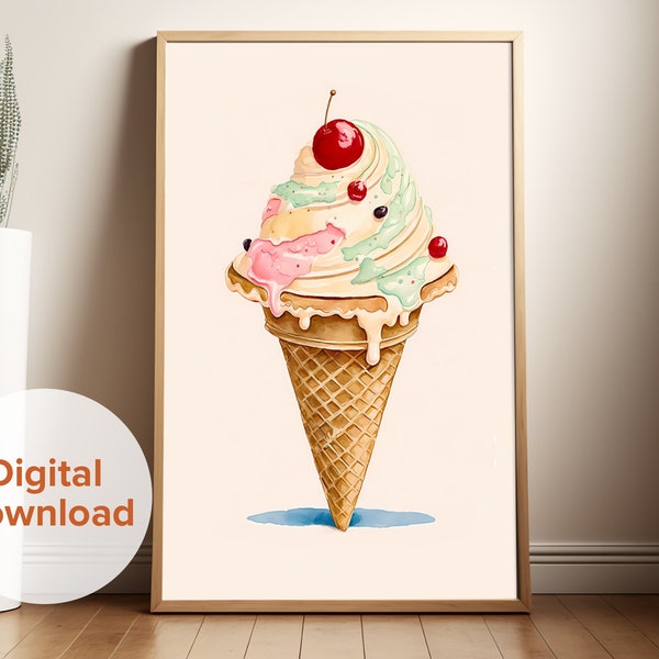 Watercolor Retro 1950's Ice Cream Cone, Digital Print, Vintage Wall Art, Diner Decor, Sweet Treat Lover Gift, Unique Home Decor, Food Decor