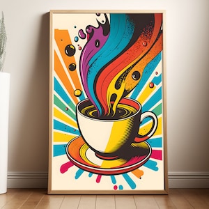 Arte de parede de café, arte pop retrô, ilustração colorida, pôster vintage, presente para amantes de café, pôster retrô dos anos 70, decoração de casa de café, café caseiro