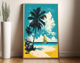 Beach Landscape Poster, Retro Pop Art, Beach House Decor, Nautical Art, Palm Tree, Ocean Art, Summer Decor, Sailboat Gift, Tropical Art