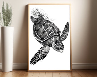 Sea Turtle Wall Art, Black & White, Ocean Decor, Beach House Decor, Minimalist, Sea Life Art, Ocean Lover Decor, Coastal Wall Art