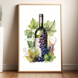 Watercolor Wine Poster, Wine Illustration, Wine Lovers Wall Art, Kitchen Decor, Bar Art, Vino, Wine Cellar Art, Home Bar Art