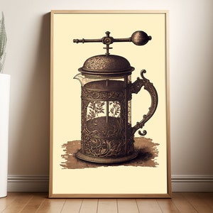 Kaffee French Press, Kaffee Poster, rustikales Küchendekor, Kaffeeliebhaber Geschenk, Kaffee Kunstwerk, Cafe Wandkunst, Feinschmecker Poster, Vintage Dekor
