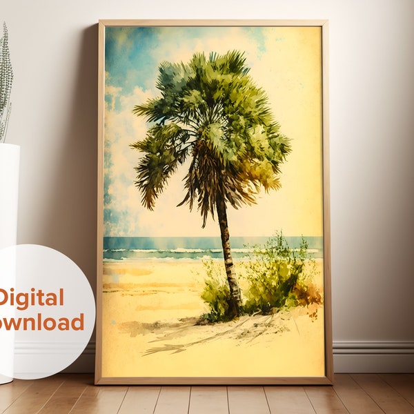 Vintage Palm Tree Digital Print, Beach Landscape Art, Tropical Decor, Beach Decor, Coastal Art, Retro Watercolor, Seaside Art, Ocean Art