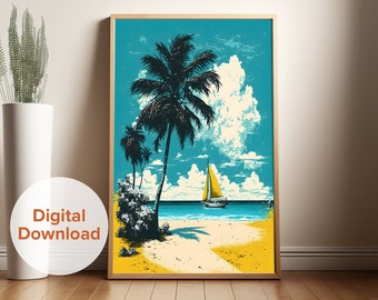 Beach Landscape Digital Print, Retro Pop Art, Beach House Decor, Nautical Art, Palm Tree, Ocean Art, Summer Decor, Sailboat Gift, Tropical