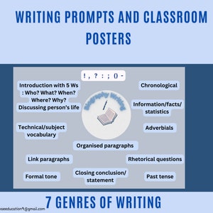 Teaching Writing Posters and Prompt Bookmarks:7 genres. Huge bundle!