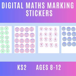 May include: Digital Maths Marking Stickers in various colors. The stickers are round with text and graphics. The text on the stickers includes mathematical terms. The background is a gradient of blue and pink. The text "DIGITAL MATHS MARKING STICKERS" is at the top.