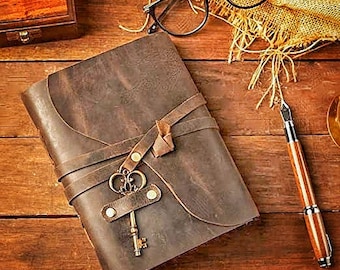 A5 PERSONALISED Key Leather Journal | 240 sheets A5 Size | Vintage Paper | Thick Full Grain Leather | Grimoire Travel Writing Notebook