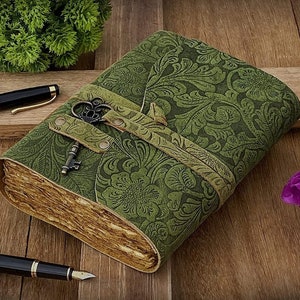 Green Leather Journal - Antique Handmade Deckle Edge Paper Leather Bound - Book of Shadows - Sketchbook - Great gift For Men and Women