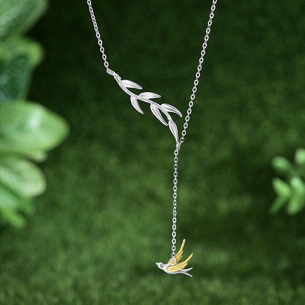 Collana con ramo di salice e rondine: ciondolo fatto a mano in argento Sterling S925