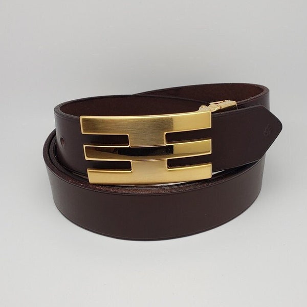 Ceinture homme Cuir véritable Marron Boucle Dorée