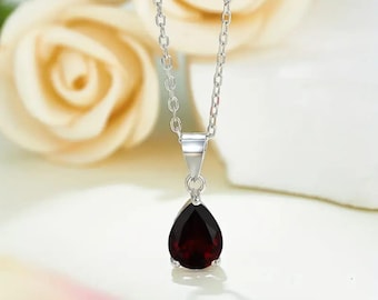 Ciondolo a goccia in argento sterling con granato rosso - Pietra portafortuna di gennaio
