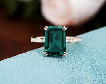 Anillo de esmeralda talla esmeralda, banda de plata de ley estilo art déco