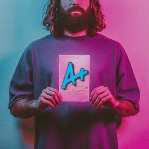 May include: A person in a purple sweatshirt holding a pink paper with the text "A+" in blue. The background has a pink and blue gradient.