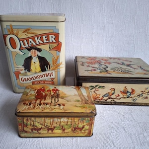 Old-fashioned Van Melle tin, tin with hunting scene and Quaker muesli tin