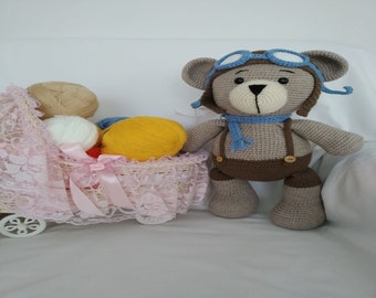 Amigurumi Pilot Teddy toy, crochet Pilot Teddy, stuffed Pilot Teddy Doll, Pilot Teddy plush, Pilot Teddy baby gift