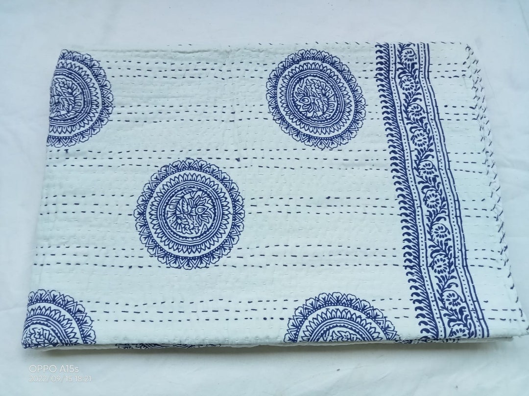 White Hand Block Print Kantha Quilt White and White Flowers Quilt Indian Kantha White Handmade