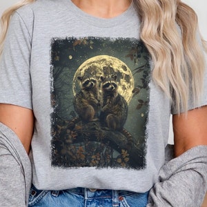Camisa de luna vintage de mapaches, camiseta gráfica de mapache retro, camiseta de regalo para amantes de los mapaches, camiseta Cottagecore, estética de la naturaleza bruja, Fairycore