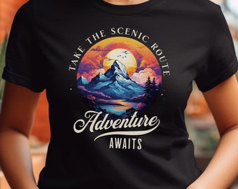 Graphic T-Shirt For Hikers And Explorers, Adventure Awaits Tee, Mountains And Nature Lover Shirt, Outdoor Explorer Gift, Camping Vacation