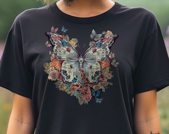 Butterfly And Flower T-Shirt, Cottagecore Gift for Gardeners, Botanical shirt, Vintage Boho Tee, Nature Lover Tshirt, Floral Pattern,