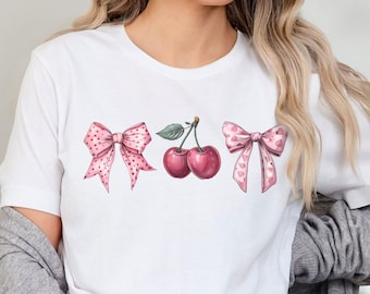 Cherry and Bows Shirt, Cherries Coquette Aesthetic Tee, Pink Bow Vintage Artwork T-Shirt, Coquette Girl Aesthetic, Y2K  Graphic T Shirt