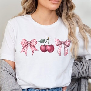 Cherry and Bows Shirt, Cherries Coquette Aesthetic Tee, Pink Bow Vintage Artwork T-Shirt, Coquette Girl Aesthetic, Y2K  Graphic T Shirt