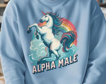 Suéter retro de unicornio con diseño de macho alfa, jersey irónico y divertido, sudadera con estampado sarcástico de broma, top gráfico vintage, regalo de Weirdcore, masculinidad divertida, LGBT