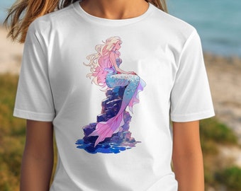 Maglietta grafica sirena per bambini, maglietta ispirata all'oceano, camicia con stampa da spiaggia, moda estiva, regalo per gli amanti della sirena, camicia da spiaggia, maglietta estiva per bambini
