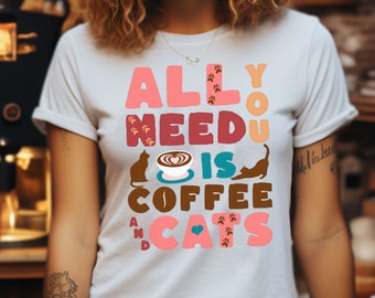 Kaffe- och kattälskare-t-shirt, present till kattälskare, kaffeälskare-t-shirt, djurälskare-t-shirt, söt kaffe-t-shirt, rolig katt-t-shirt, kattmamma-present