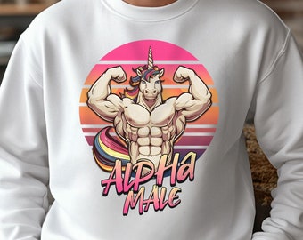 Suéter retro de unicornio con diseño de macho alfa, jersey irónico y divertido, sudadera con humor sarcástico, top gráfico vintage para gimnasio, regalo de humor extraño, masculinidad divertida